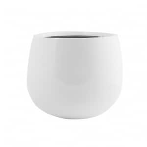 May include: A white ceramic planter with a rounded, egg-shaped design. The planter is smooth and glossy.
