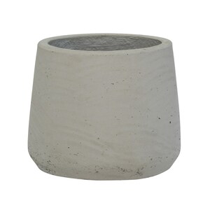 May include: A light gray, concrete planter with a tapered shape. The planter has a wide opening and a textured surface. The design is simple and modern, suitable for indoor or outdoor use. The planter is approximately 6 inches tall.