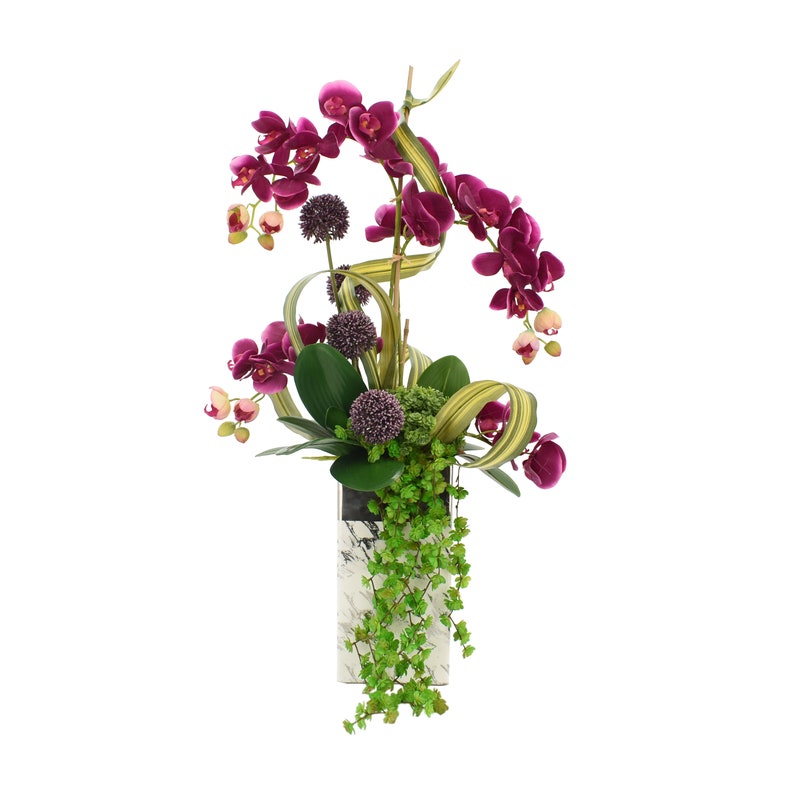 Fuchsia Orchid Plant with Accents in Marble Vase