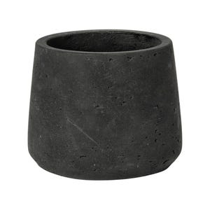 May include: A dark gray, textured, cylindrical planter with a slightly flared base. The planter has a rough, porous surface and a wide opening at the top. This decorative pot is suitable for indoor or outdoor use.