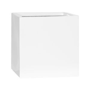 May include: A white square planter made of a smooth, hard material. The planter is empty and ready to be filled with plants.