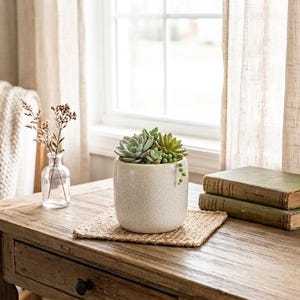 May include: A small, round, speckled off-white ceramic planter containing a cluster of green succulents, positioned on a square woven mat next to two stacked vintage books with worn covers and a clear glass bud vase with dried stems.