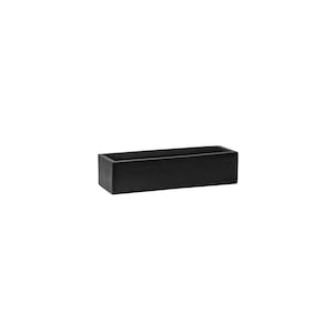 May include: A rectangular black planter with a smooth, matte finish and a hollow center. The container features clean, sharp edges and a solid, uniform construction, presenting a simple, functional design for holding various items or plants.