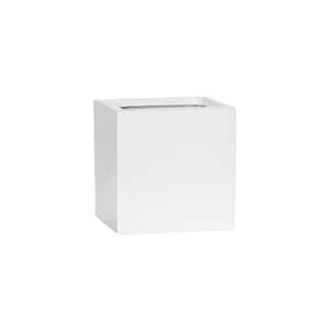May include: A white square planter made of a smooth, glossy material. The planter is empty and ready for a plant.