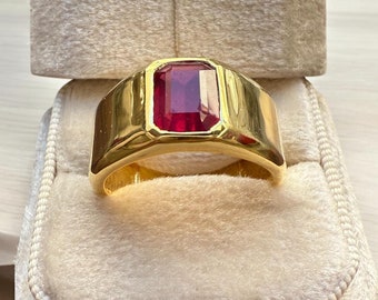 Anello da uomo in oro giallo massiccio 18k/14k/10k con rubino creato in laboratorio, fascia in oro, pietra preziosa rossa, anelli importanti, anello di fidanzamento, anello nuziale, regalo per lui