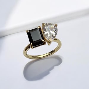 Black Onyx and moissanite Two Stone Ring - Engagement Ring - Emerald Cut Black Onyx Ring- Promise ring - toi et moi Ring- gift for her.