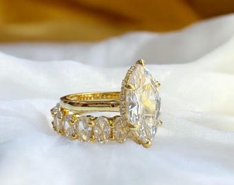 4 CT Marquise Cut Moissanite Engagement Ring Set Marquise Bridal Ring set Hidden Halo 14K Gold Wedding Ring Set With Matching Band For Her