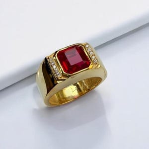 18k/14k /10k Solid Yellow Gold Lab Created Ruby Ring For Men Gold Band Red Gemstone Statement Rings Engagement Ring Wedding RingGift For Him