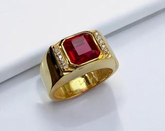 Anello da uomo in oro giallo massiccio 18k/14k/10k con rubino creato in laboratorio, fascia in oro, pietra preziosa rossa, anelli importanti, anello di fidanzamento, anello nuziale, regalo per lui