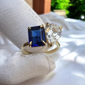 Toi Et Moi Blue Sapphire Radiant Cut Ring, Pear Cut Colorless Moissanite Ring, 2 Stone Sapphire Moissanite Ring, 14K Solid Gold Wedding Ring