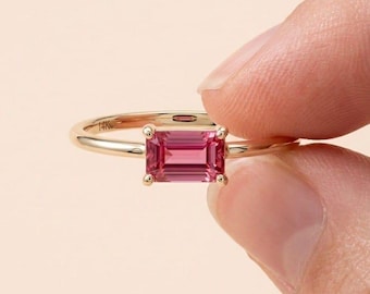 Pink Tourmaline Ring-Emerald Cut Tourmaline Ring-14K Gold Ring-Sterling Silver Ring-Statement Ring-Certified Stone Ring-October Birthstone