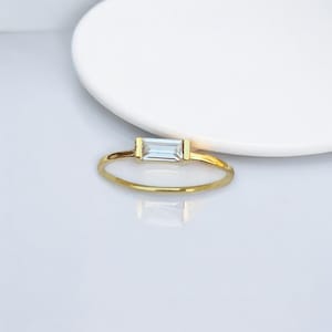 14k Solid Gold Baguette Solitaire Ring, Premium Baguette Ring For Her, Dainty Proposal Ring, Solitaire Ring Women, Real Gold Stackable Band
