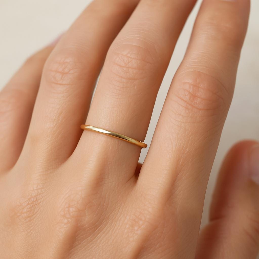 thumbnail interactive-video image 1 of Roberts & Co 1mm Solid 18ct Yellow Gold Slim Round Wedding Band Stacking Ring UK Made 1 of 3