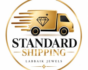 May include: A circular logo featuring a gold delivery truck with motion lines and a diamond icon on its side. The text reads STANDARD SHIPPING and LABBAIK JEWELS in black, enclosed within a gold circular border on a white background.