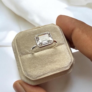 East West Solitaire Elongated Radiant Cut Moissanite Engagement Ring, Solid Gold Bezel Setting Wedding Ring, Anniversary Gift Ring For Her
