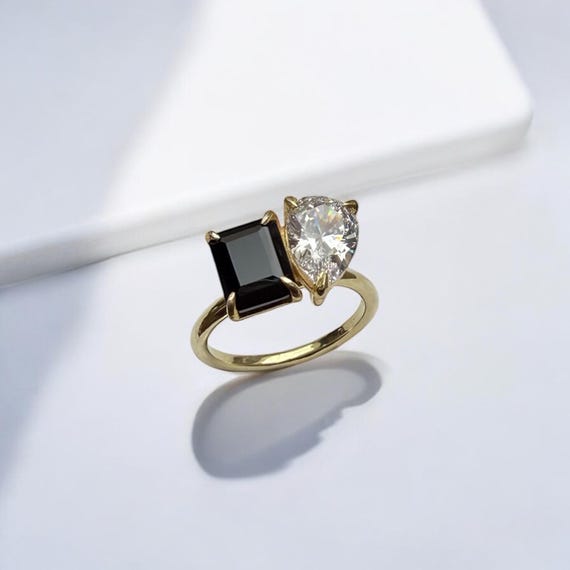 Black Onyx and moissanite Two Stone Ring - Engagement Ring - Emerald Cut Black Onyx Ring- Promise ring - toi et moi Ring- gift for her.
