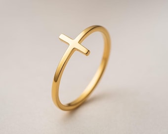 Anel pequeno e simples com cruz em ouro maciço 14k, anel minimalista cristão, anel de fé simples para mulheres, anel religioso em ouro, joia para presente.