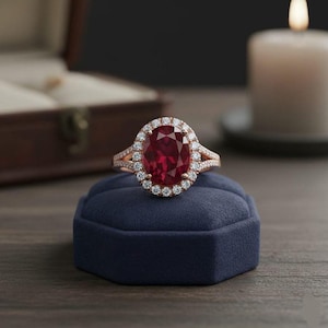 Op de afbeelding: Een roségouden ring met een grote ovaal geslepen robijn als middensteen, omringd door een halo van kleinere diamanten. De ring ligt op een donkerblauwe fluwelen ringdoos. Een brandende kaars en een houten kist zijn op de achtergrond.
