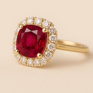 Hidden Halo Elegant Red Ruby Wedding Bridal Ring Solid Gold, Art Deco 4.5CT Cushion Cut Ruby Jan Birthstone Gemstone Engagement Ring Jewelry