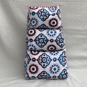 3-Piece Hand Block Printed Toiletry Bag Set, Wash Bags Quilted, Handmade, Makeup Bag, Ideal Gift, Cosmetic Bag, Waterproof, Travel Bag