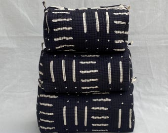 Handmade Black and White Cotton Toiletry Bag Set, Striped Dot Print