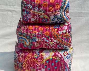 Handgemaakte Kantha toilettassen set – Levendige patchwork reisetuis