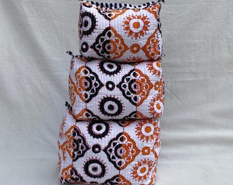 Set Of 3 Block Print Toiletry Bag, Handmade Cotton Makeup Bag, Cosmetic Bag, Travel Pouch. For Gift