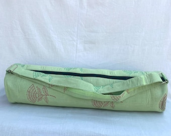 Handgenähte mintgrüne Yogamatten-Tasche aus atmungsaktiver Baumwolle mit verstellbarem Gurt