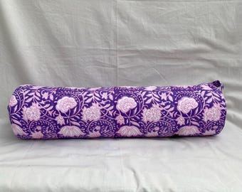Handcrafted Purple Floral Block Print Cotton Yoga Mat Bag with Full-Length Zipper, Adjustable Shoulder Strap, and Traditional Indian Design