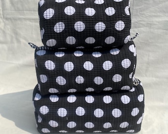 Handmade Polka Dot Quilted Toiletry Bag Set – Black and White Cotton, Travel Cosmetic Bags