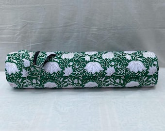 Indian Handmade Green Lotus Print Yoga Mat Bag | Meditation & Wellness Gift for Her
