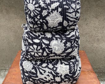 Indian Handmade Quilted Toiletry Bag Set | Black & White Floral, Cotton Pouches