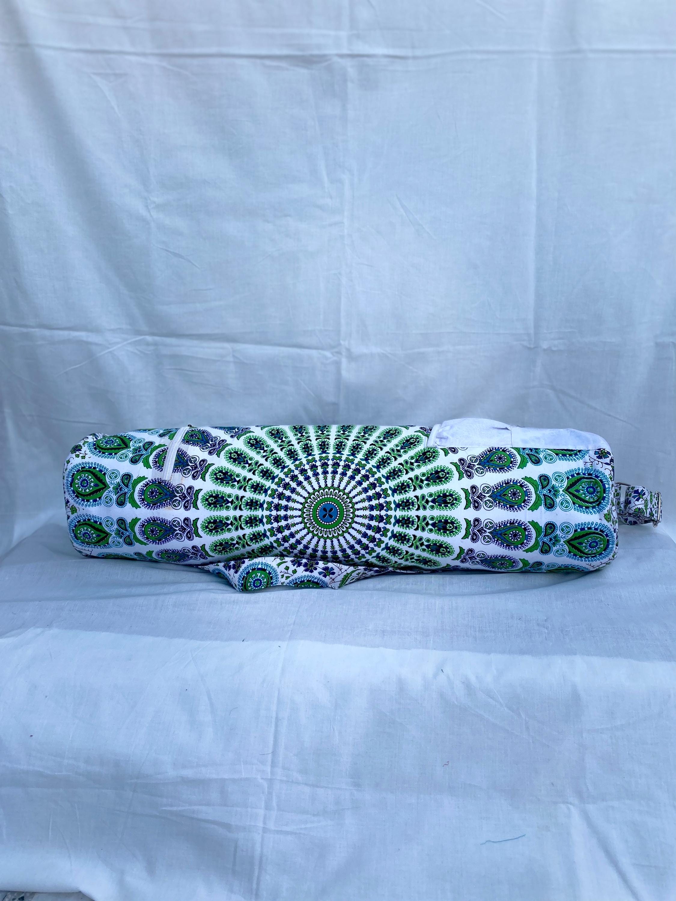 Indian Handmade Cotton Green & White Mandala Yoga Mat Bag Cotton Carrier Fitness Gym Handmade Bags With Shoulder Strap Adjustable Throw