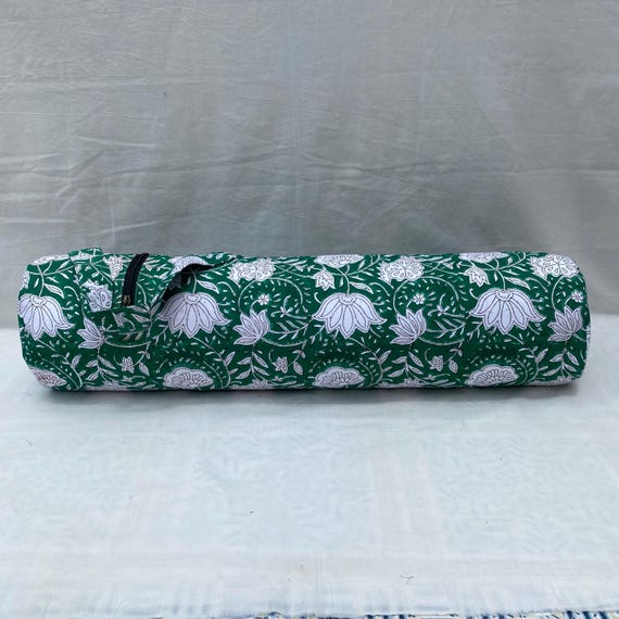 Indian Handmade Green Lotus Print Yoga Mat Bag | Meditation & Wellness Gift for Her