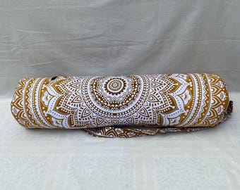 Indian Round Yoga Mat Bag in Mustard Yellow with Traditional White Mandala Block Print – Eco-Friendly Carrier for Yoga Mats and Pilates