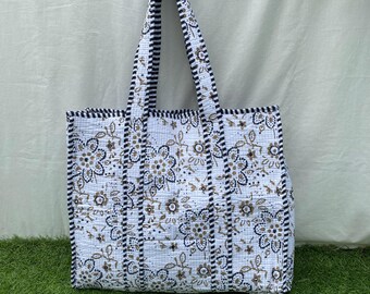 Handmade Quilted Tote Bag White & Brown Floral Print | Elegant Boho Shoulder Shopping Bag