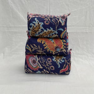 Set of 3 Handmade Quilted Cotton Toiletry Bags – Vibrant Multicolor Floral Print On Navy Blue Travel Cosmetic Organizer Pouch Trio