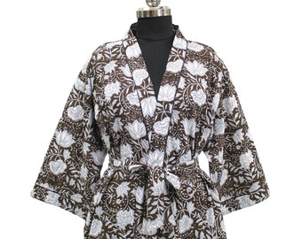Kimono indio, kimono de algodón para mujer, kimono boho, kimono floral marrón y blanco, ropa de salón, ropa de playa de verano, bata, cárdigan kimono