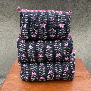 Elegant Handmade Black Quilted Pouch Set with Pink Floral Block Print – Set of 3 Versatile Zipper Bags for Toiletries & Travel Essentials