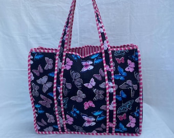 Handmade Quilted Tote Bag Black & Pink Butterfly Print | Stylish Boho Shoulder Shopping Bag