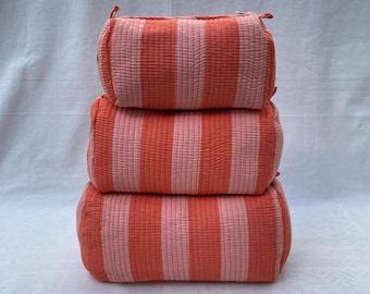 Handmade Peach Striped Kantha Stitch Quilted Cotton Toiletry Bag,Makeup Bag , Boho Zip Pouch