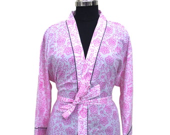 Pink Floral Print Cotton Kimono Robe, Hand Block Floral Print Robe For Women, Bridesmaid Robes, Wedding Robe, Dressing Gown, Bridal Robe