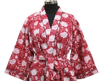 Kimono indio con estampado de bloques florales rojos y blancos, bata de kimono de algodón, regalo de Navidad, bata de fiesta nupcial, cárdigan de kimono, bata de baño para mujeres