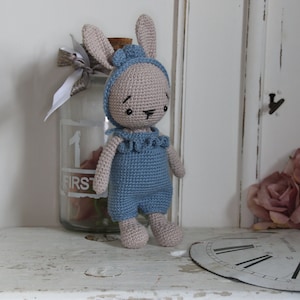 Konijn gehaakt dier Amigurumi, handgemaakt, konijn met broek en hoofdband