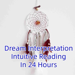 May include: White dreamcatcher with red and white string, brown feathers, and a small wooden bead at the top. The dreamcatcher has a small cluster of amber-colored stones in the center. The text "Dream Interpretation Intuitive Reading In 24 Hours" is written below the dreamcatcher.
