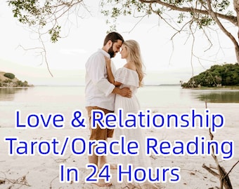 May include: A couple in love embraces on a sandy beach with a body of water in the background. The text "Love & Relationship Tarot/Oracle Reading In 24 Hours" is displayed on the sand.