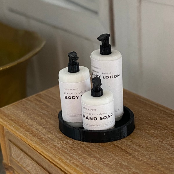 Dollhouse Miniature soap, lotion, and tray