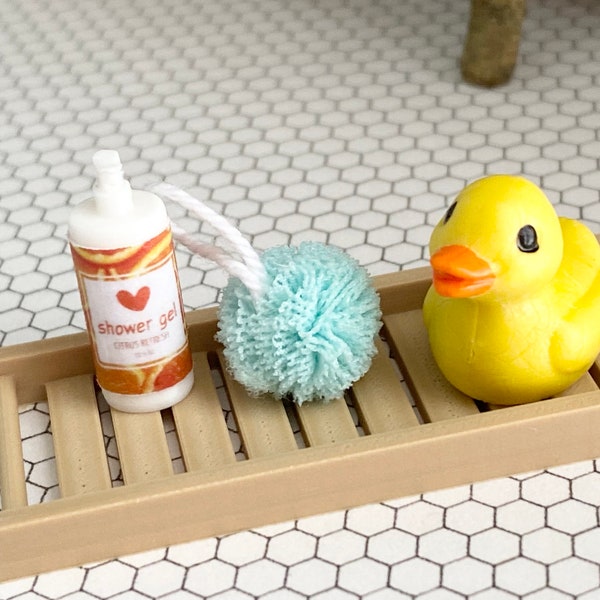 Dollhouse Miniature bath tray, rubber ducky, pouf, shower gel