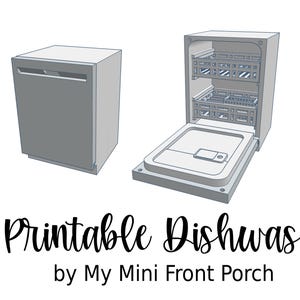 Peut inclure: Modèle d'un lave-vaisselle miniature imprimable en 3D avec une porte ouverte, montrant l'intérieur avec deux étagères. Le texte "3D Printable Dishwasher by My Mini Front Porch" est situé sous l'image.