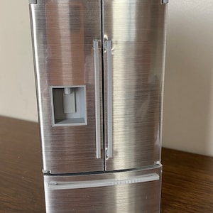 Dollhouse Miniature Refrigerator, “stainless steel” look, lighted, double door, ice maker